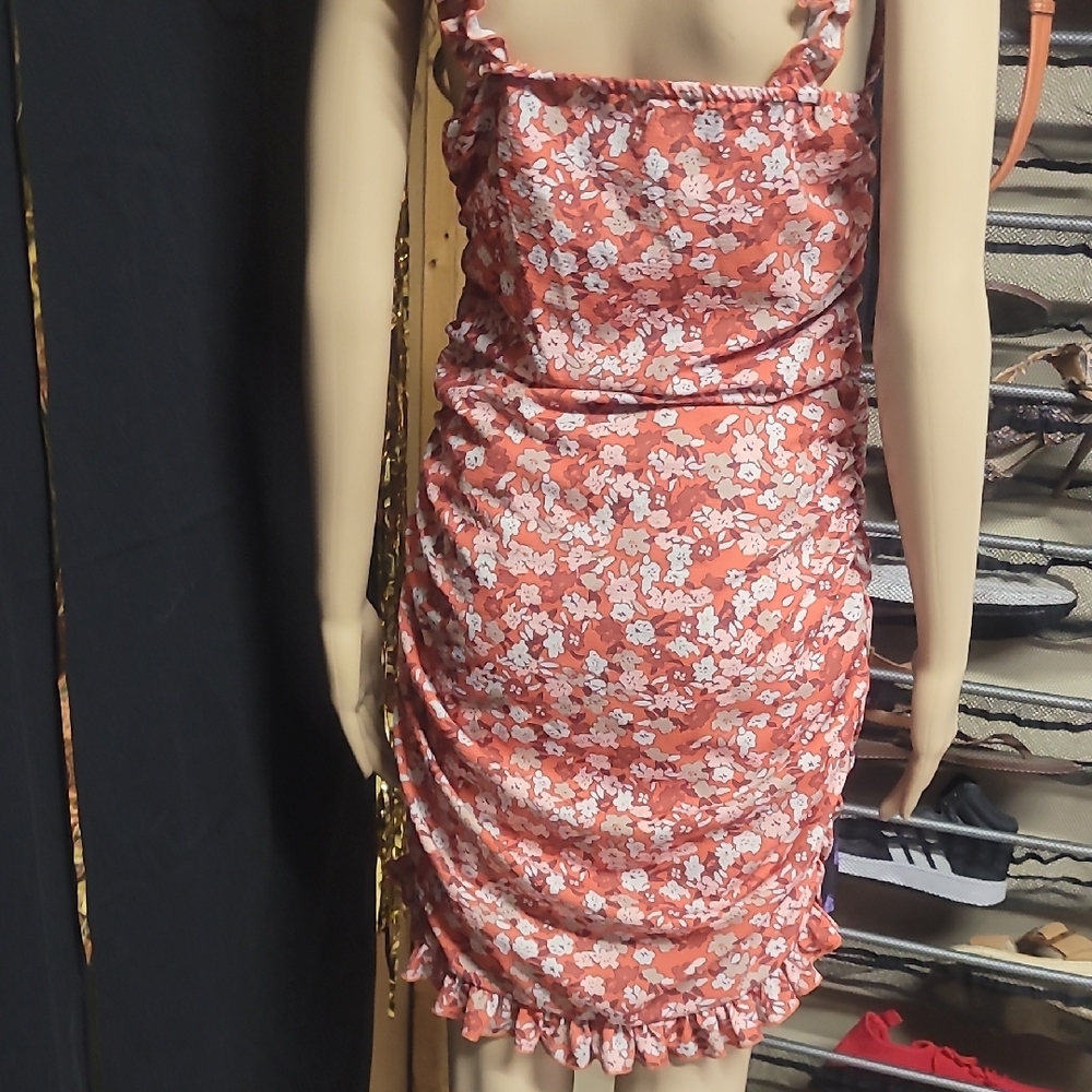 Chic Red and White Ruched Spaghetti Strap Mini Dress - Picture 5 of 6